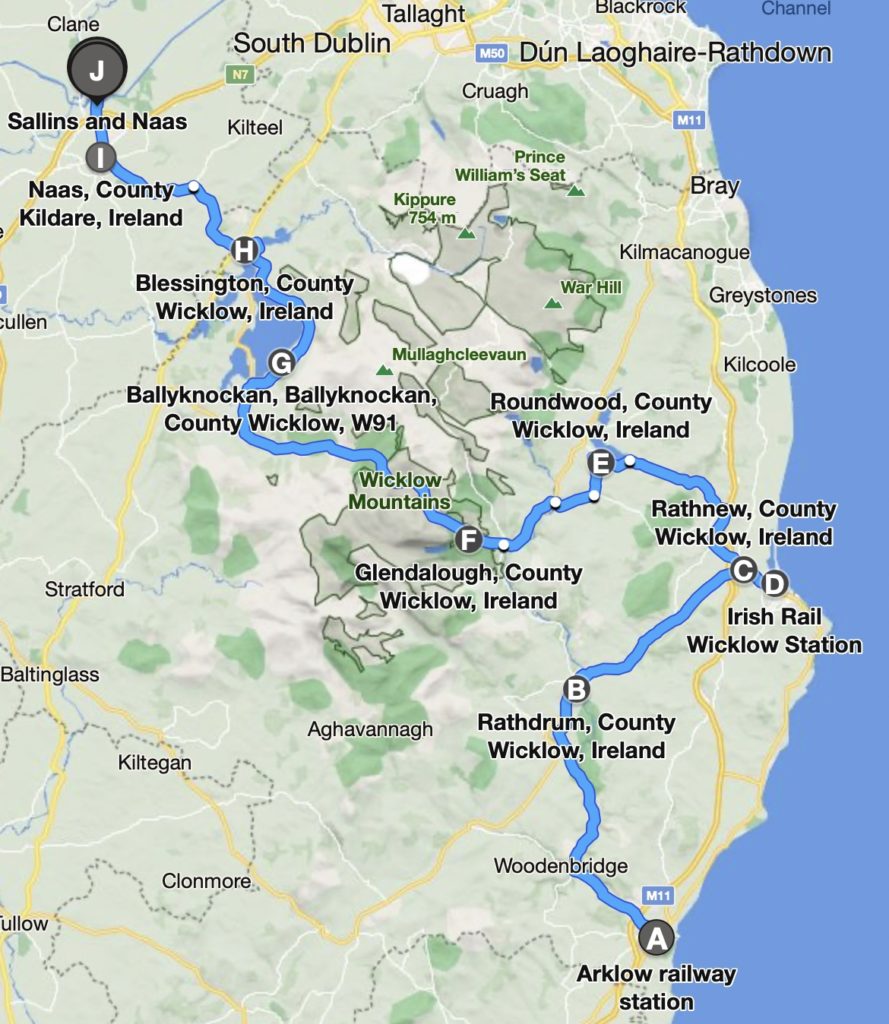 Map showing route of bus from Arklow to Sallins via Wicklow, Rathnew, Blessington and Naas