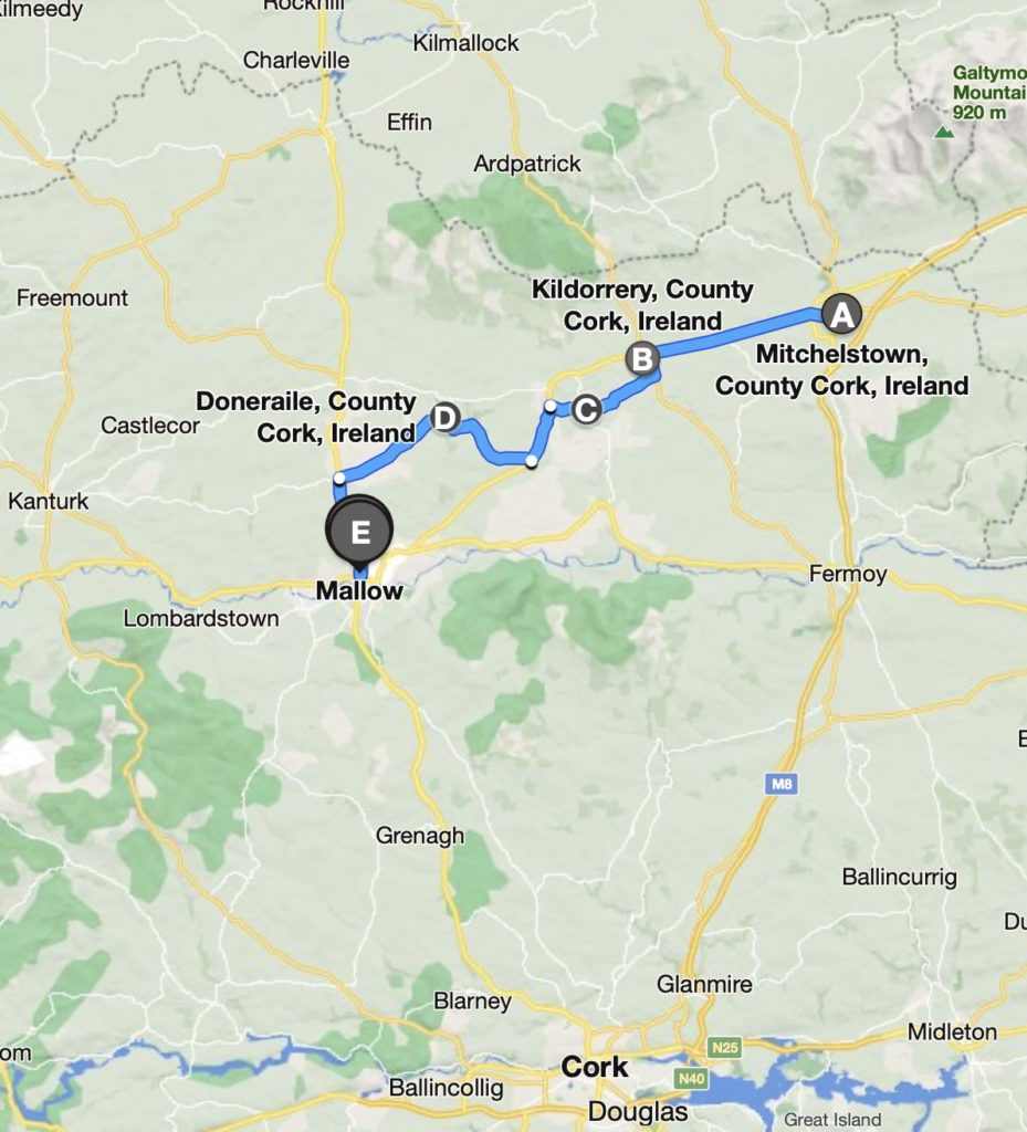Map of bus route from Mitchelstown to Mallow