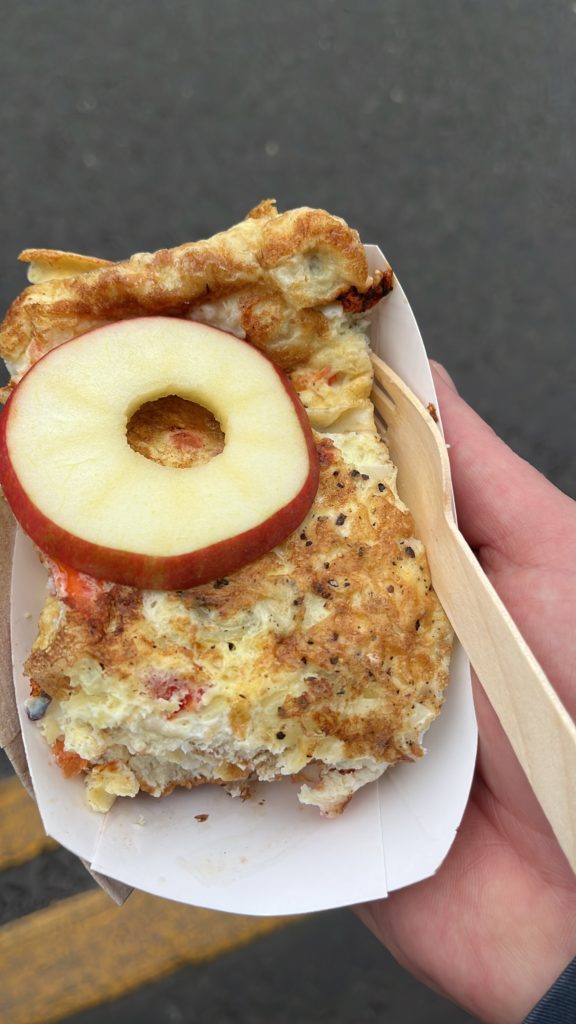 A tasty organic omelette with an apple ring on top
