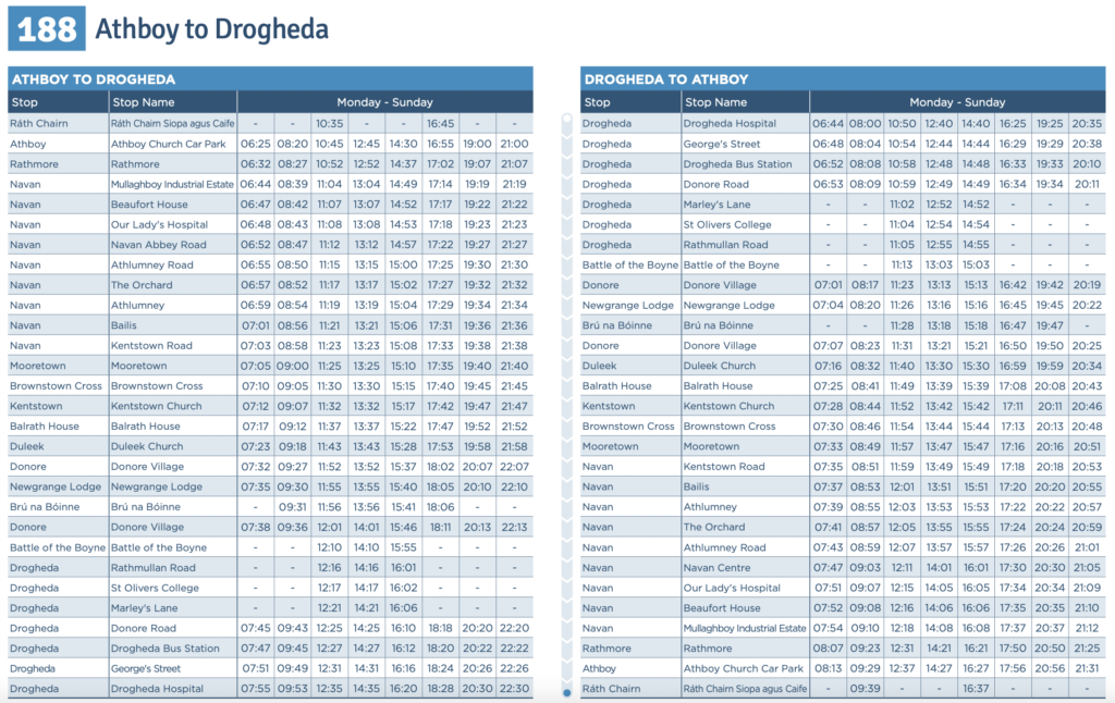 Timetable of new bus service between Athboy and Drogheda via Nenagh