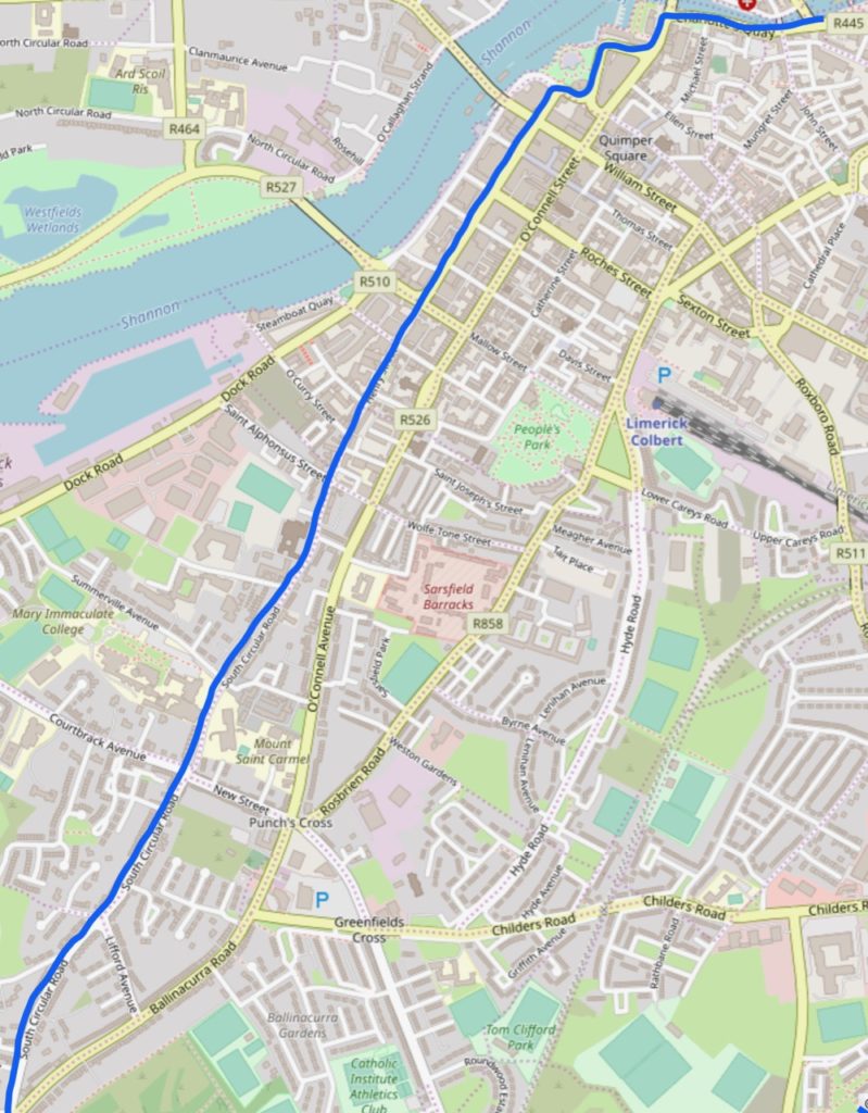A map of Limerick City showing a blue line for a proposed cycle corridor between the Park Canal, past Arthurs Quay, Henry St and South Circular Road.