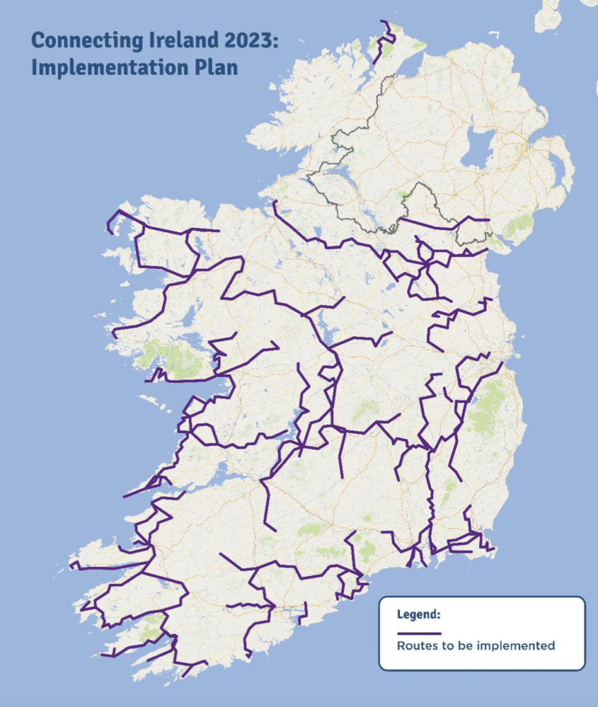 A map of Ireland showing the planned new rural bus routes in 2023.