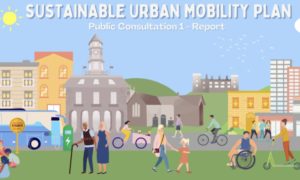 The cover of Kilkenny’s Sustainable Urban Mobility Plan report, with an illustration of a Kilkenny that makes it easier for everyone to get around