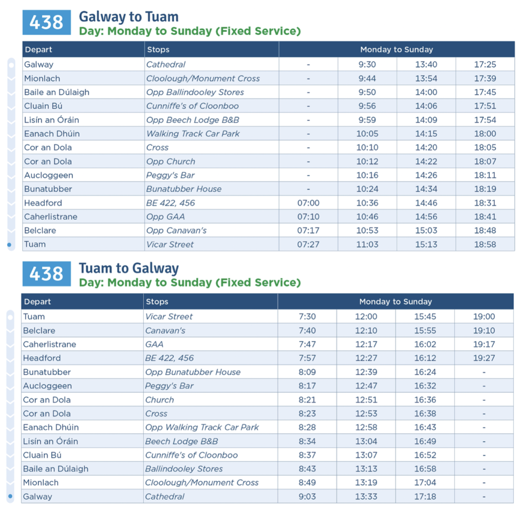 Timetable for new bus service, with three departures leaving Galway at 0930, 1340 and 1725, and from Tuam at 0730, 1200 and 1545. Also a service from Headford leaving at 0700 and returning from Tuam at 1900.