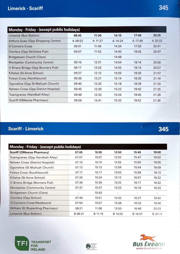 Monday to Friday Limerick-Scariff bus timetable with 5 services a day