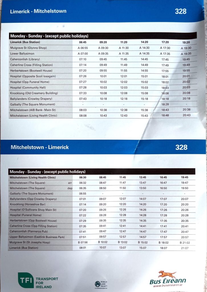 Monday to Sunday Limerick-Mitchelstown bus timetable with 6 services a day