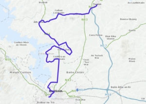 Map showing the estimated route of the new 438 bus service heading north from Galway City, turning left to go through Mionlach/Menlo, coming out and then turning left again to go along the coast of Lough Corrib to Eanach Dhúin, then East over the N84 and then North West to Headford and then East to Tuam.