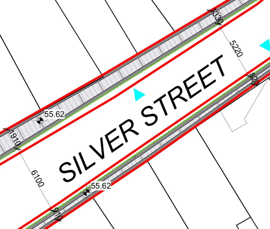 Plan drawing of a street in Nenagh: Silver Street, with an indicated 5220mm carriageway width, and footpaths 1330mm and 820mm wide.