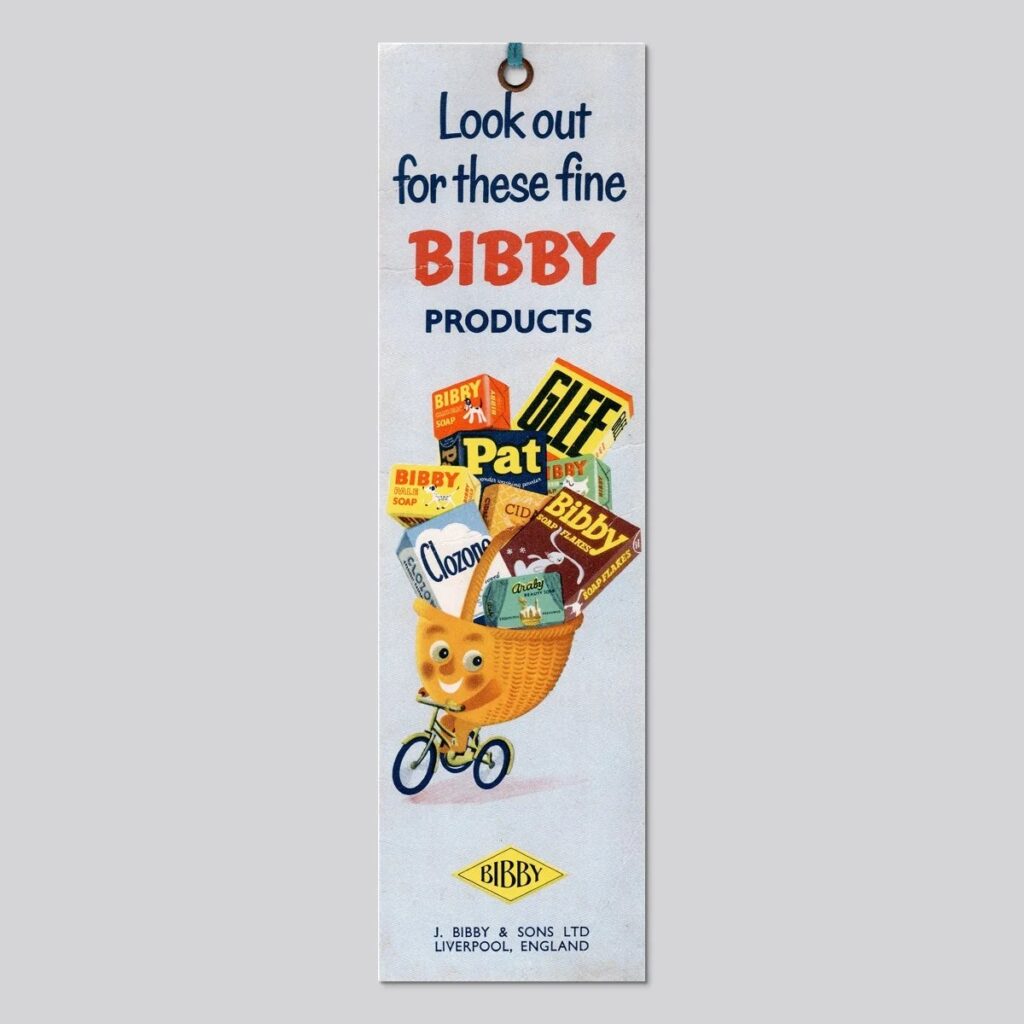 A 1953 advert titled “Look out for these fine BIBBY products” featuring a cartoon basket riding a bike and carrying lots of Bibby branded products